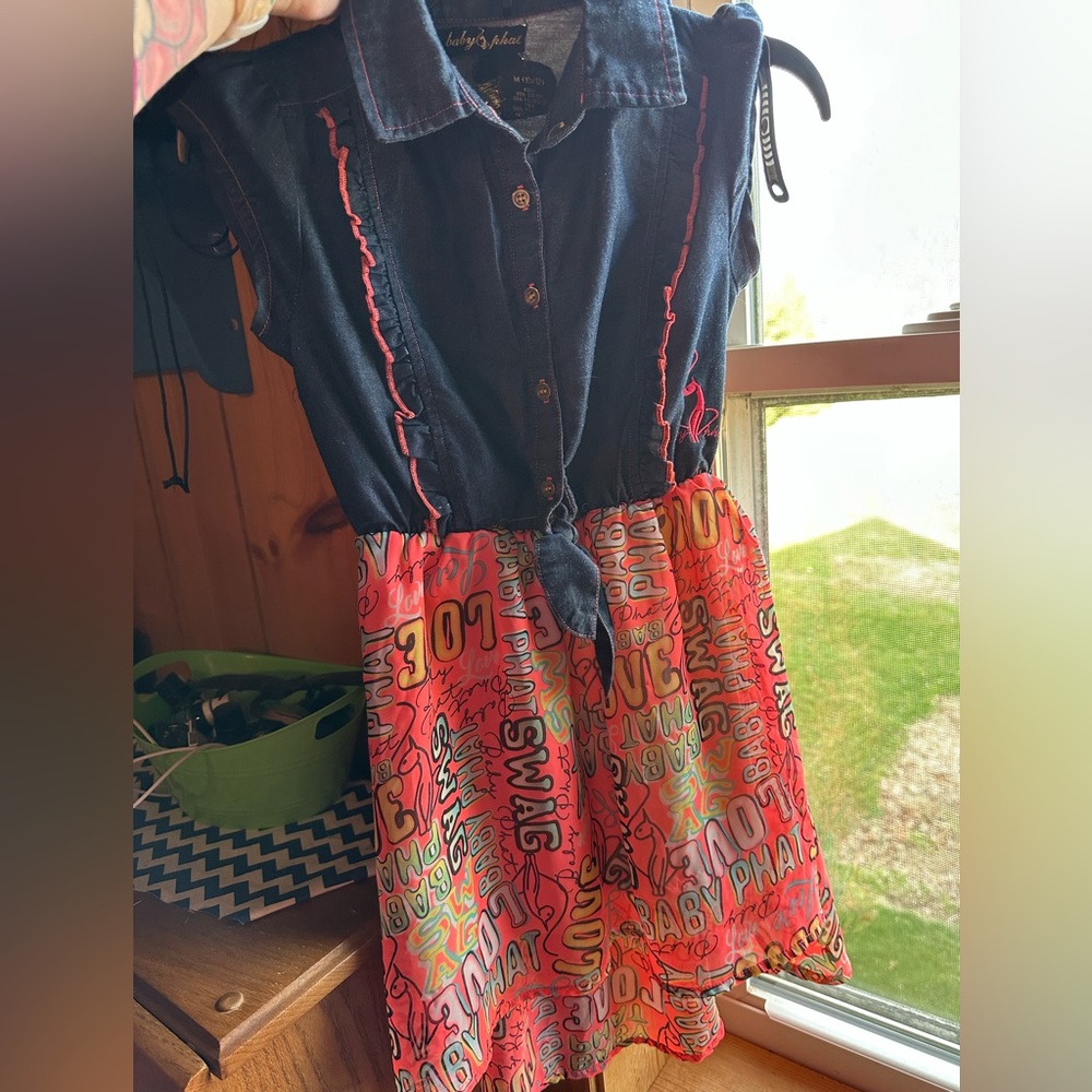 Baby Phat Navy Denim Bodice with Pink Multi-Color Graphic Skirt Dress